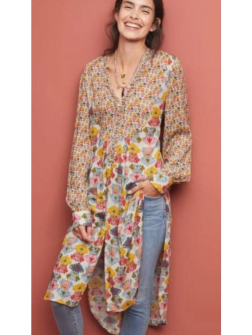 Anthro BL^NK LONDON Floral Long Duster Tunic Top S